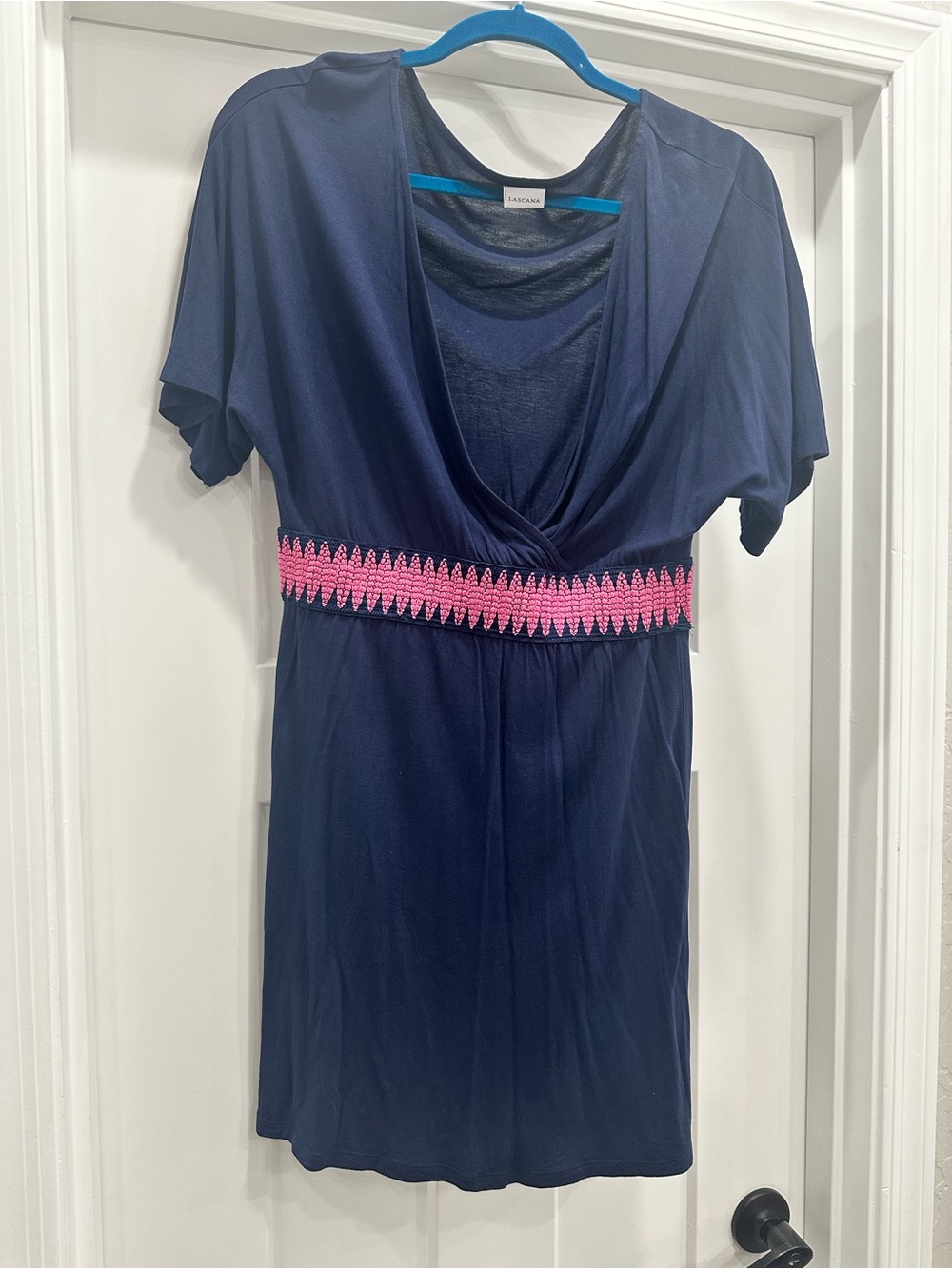 Lascana Navy Sleeveless Surplice Tank with Pink Embroidered Waist